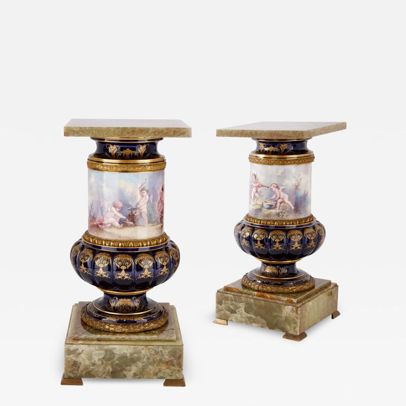  S vres Porcelain Manufacture Nationale de S vres Pair of large S vres style pedestals in porcelain ormolu and green onyx