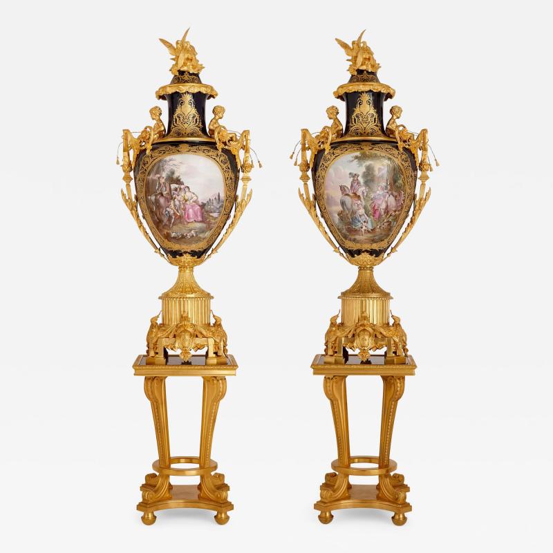  S vres Porcelain Manufacture Nationale de S vres Pair of large gilt bronze mounted S vres style porcelain vases with pedestals