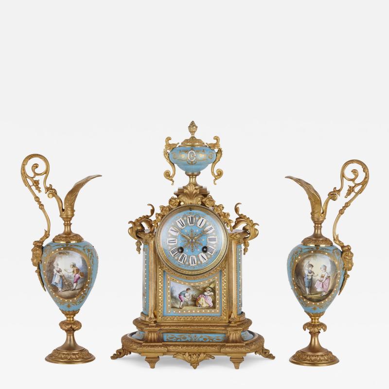  S vres Porcelain Manufacture Nationale de S vres Rococo style gilt bronze mounted porcelain clock garniture