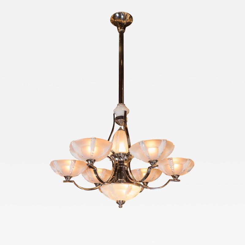  Sabino Art Glass French Art Deco Polished Chrome Frosted Glass Six Arm Chandelier by Sabino