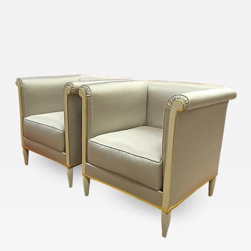  Saddier et Fils Maison Saddier refined early Art Deco pair of square chairs in satin silk