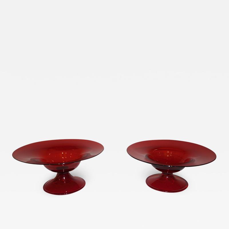  Salviati Salviati 1940s Italian Pair of Antique Ruby Red Blown Murano Glass Compote Bowls