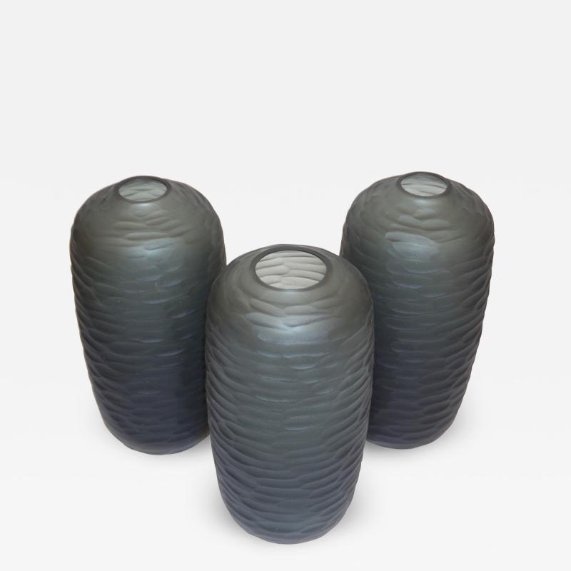  Salviati Salviati Vintage Italian Minimalist Smoked Gray Battuto Murano Art Glass Vases