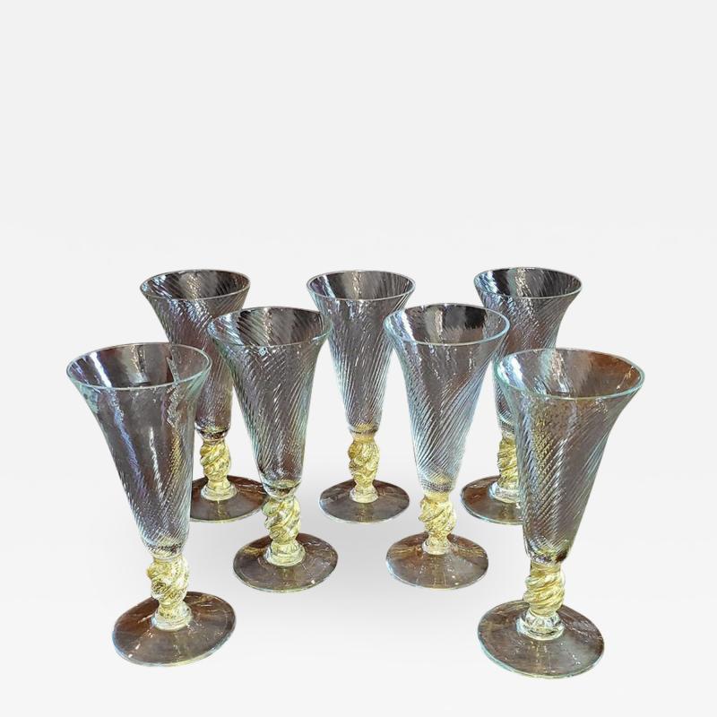 Salviati Set of 7 Salviati Venetian Gold Fleck Tall Champagne Flutes