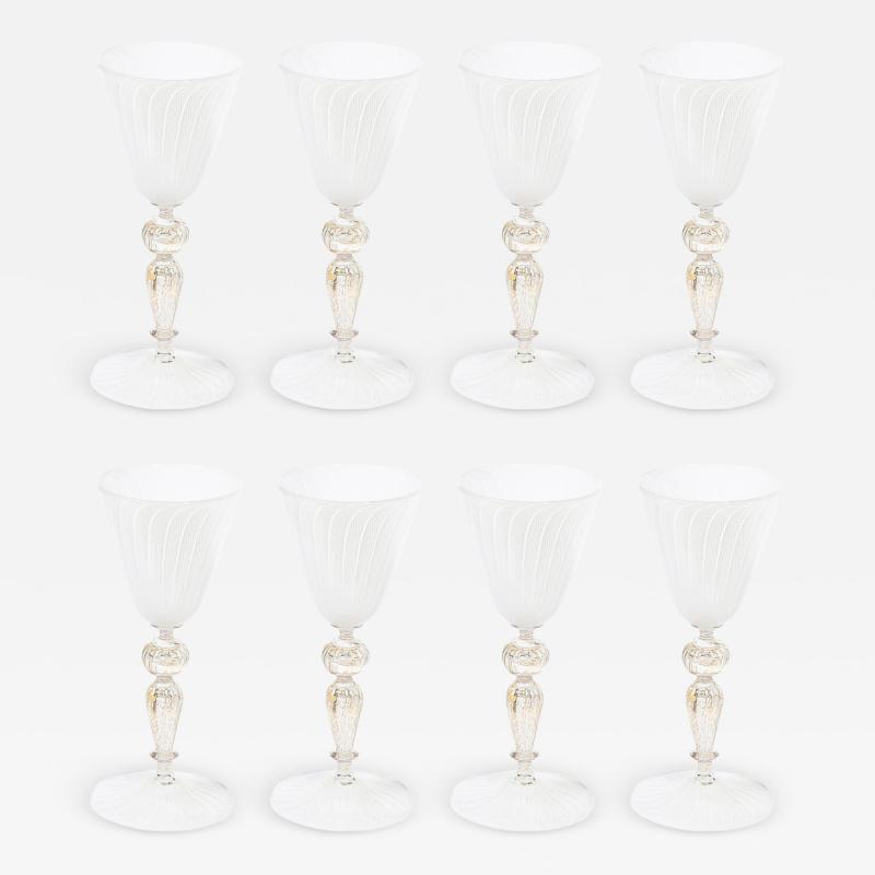  Salviati Set of 8 Antique Hand Blown Latticino Murano Wine Glasses W 24K Gold by Salviati