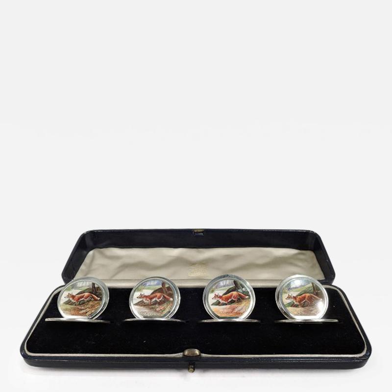  Sampson Mordan Co Set of 4 English Sterling Silver Enamel Fox Place Card Menu Holders