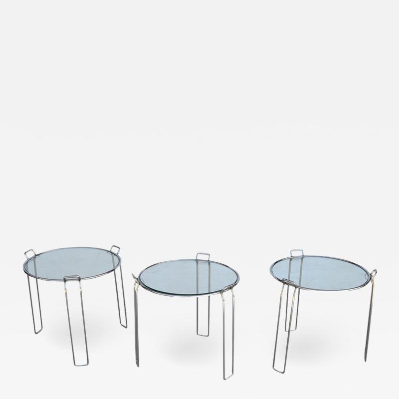  Saporiti Set of Chrome and Glass Nesting Tables by Saporiti