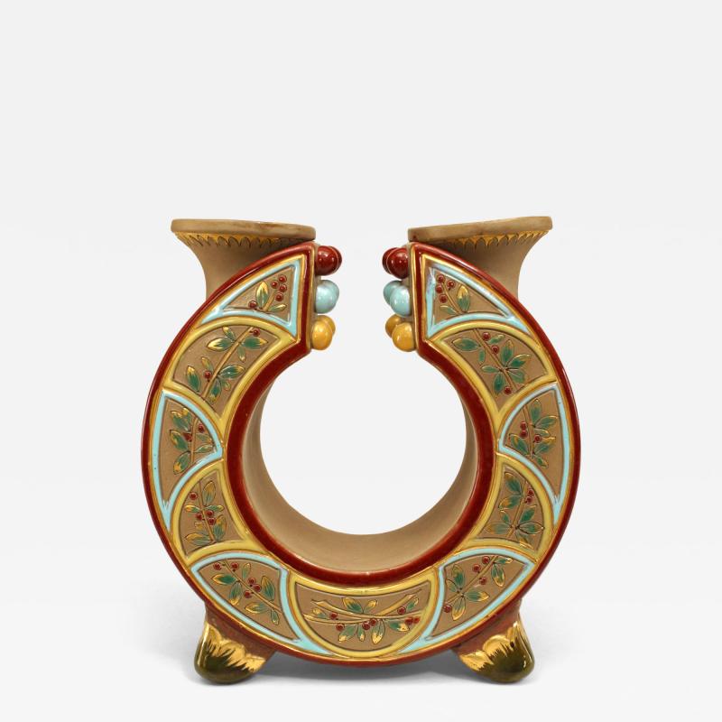  Sarreguemines French Victorian Faience Majolica Double Vase