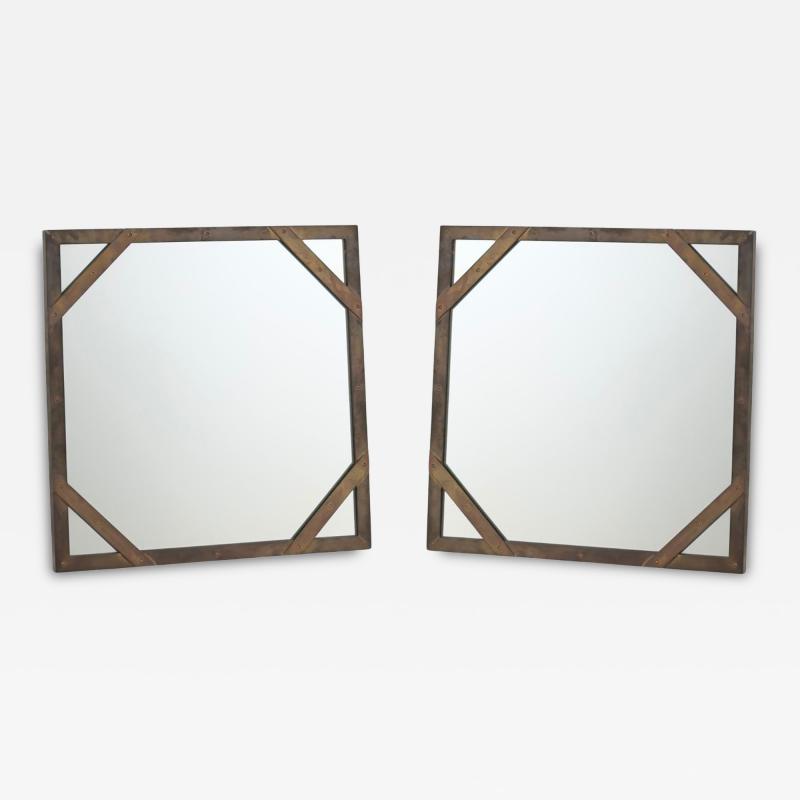  Sarreid Ltd Pair of Chic Patinated Brass Studded Mirrors by Sarried