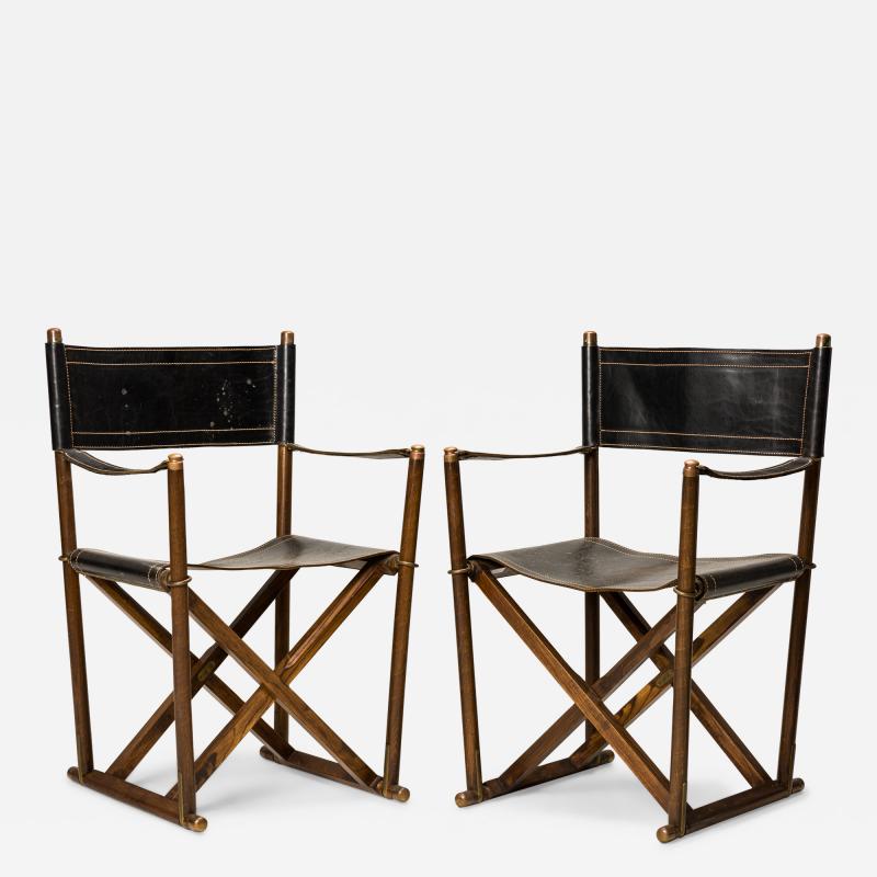  Sarreid Ltd Sarreid Black Leather and Walnut Folding Campaign Directors Chairs