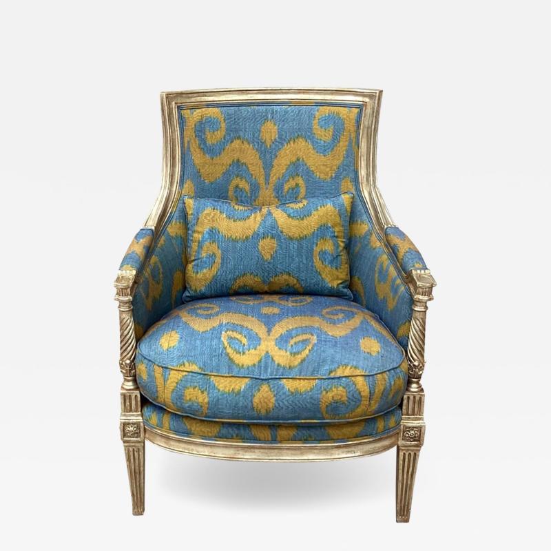  Scalamandre 18th C Style Louis XVI Bergere Chair W Blue and Gold Scalamandre