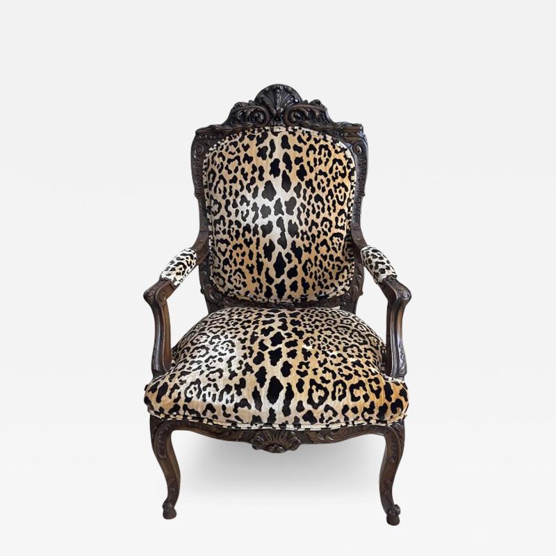  Scalamandre Antique Carved Italian Walnut Arm Chair W Scalamandre Leopardo Silk Velvet