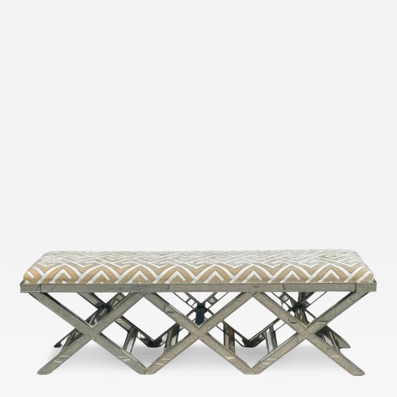  Scalamandre Modern Triple X Mirrored Designer Bench W Scalamandre Silk Cut Velvet