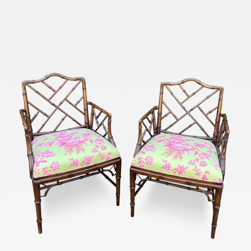  Scalamandre Pair of Hollywood Regency Faux Bamboo Arm Chairs W Scalamandre Toile