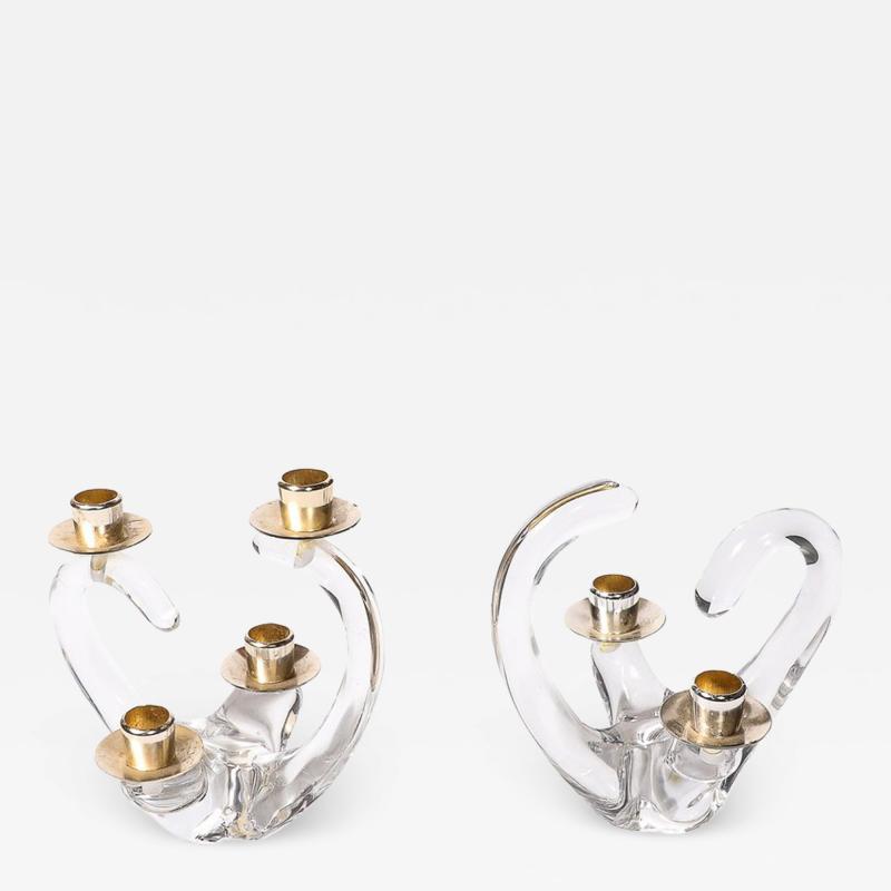  Schneider Pair of Mid Century Amorphic Candelabra in Crystal and Brass Signed Schneider