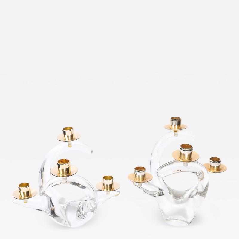  Schneider Pair of Mid Century Amorphic Crystal Brass 4 Arm Candelabras Signed Schneider