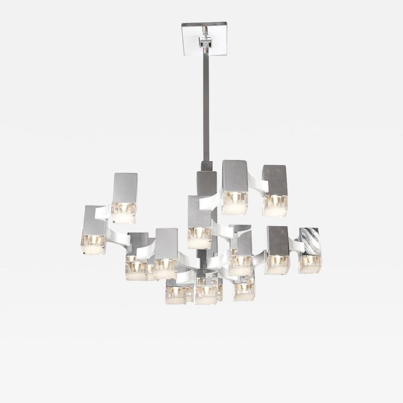  Sciolari Lighting Mid Century Modern Chrome Plexiglass Brushed Aluminum Chandelier by Sciolari