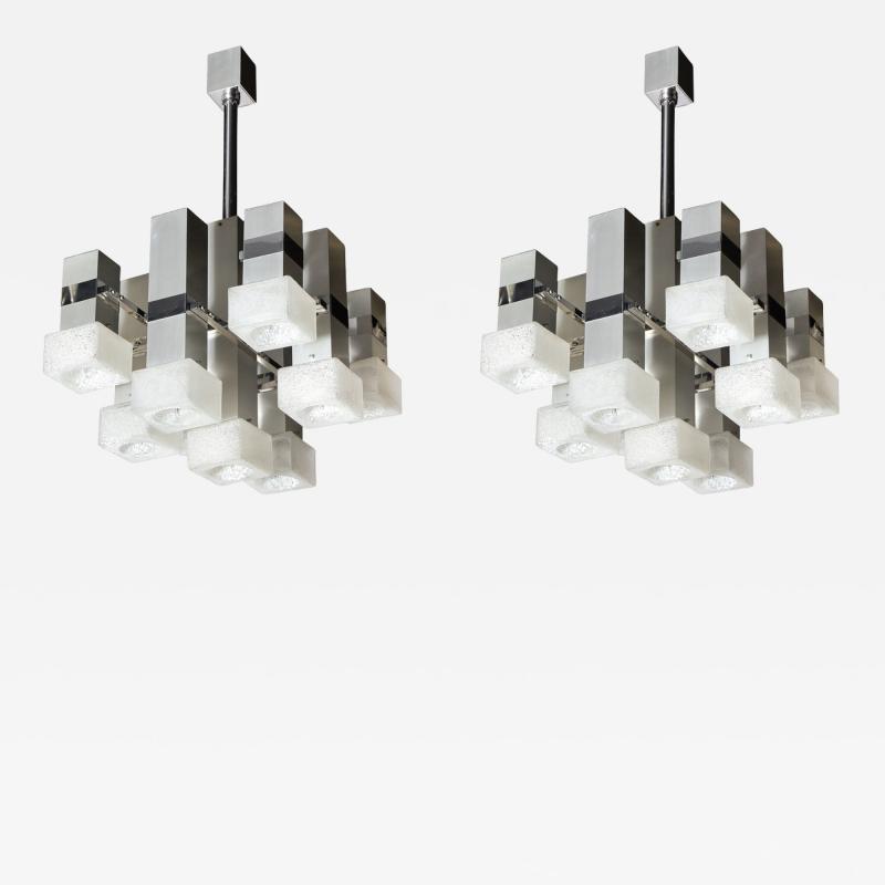  Sciolari Lighting Pair of Mid Century Modern 8 Arm Chrome Mottled Murano Glass Chandeliers
