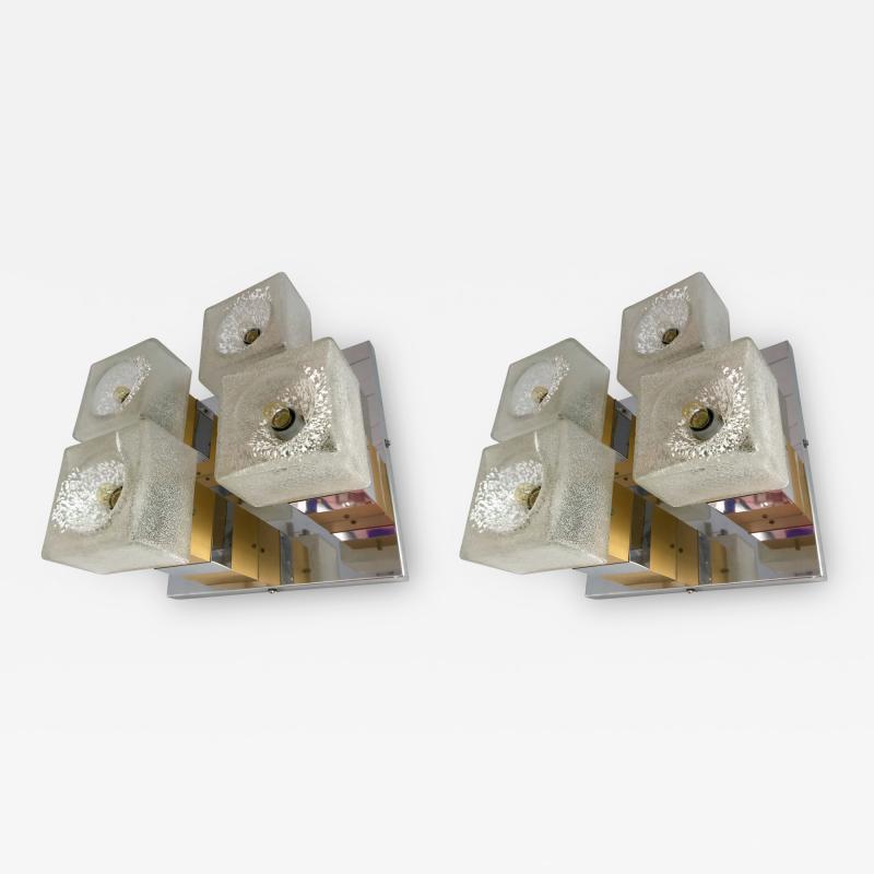  Sciolari Pair of Cubic Sconces Brass Chrome Murano Glass by Sciolari Italy 1970s
