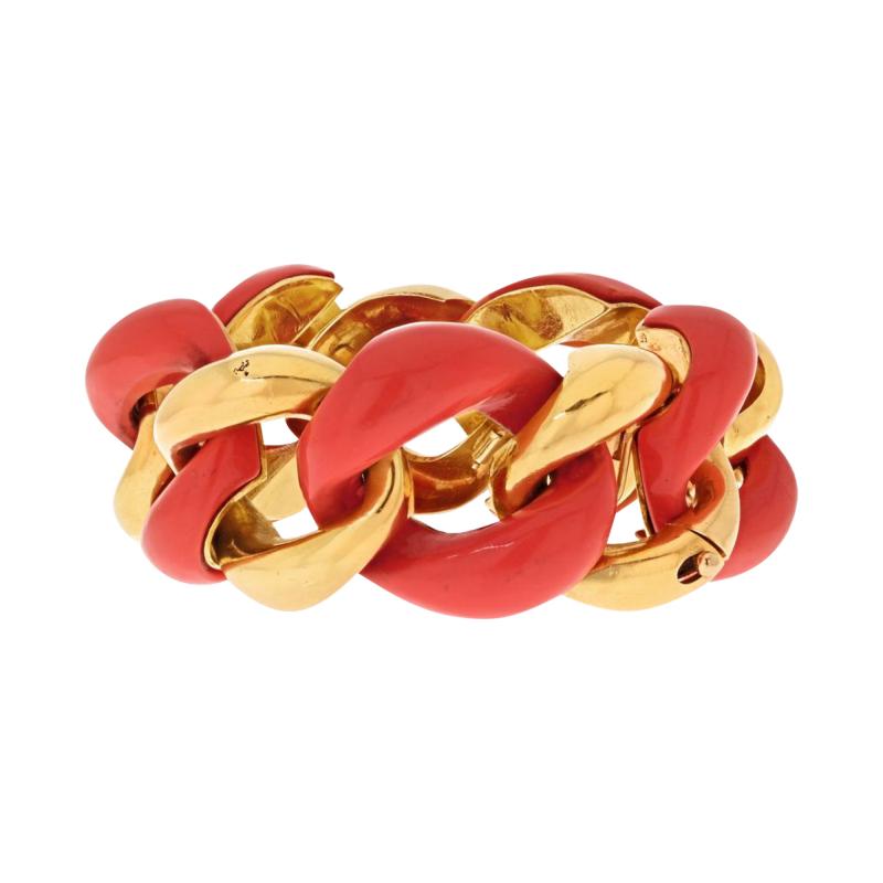  Seaman Schepps SEAMAN SCHEPPS 18K YELLOW GOLD CORAL AND HIGH POLISHED WIDE OPEN LINK BRACELET