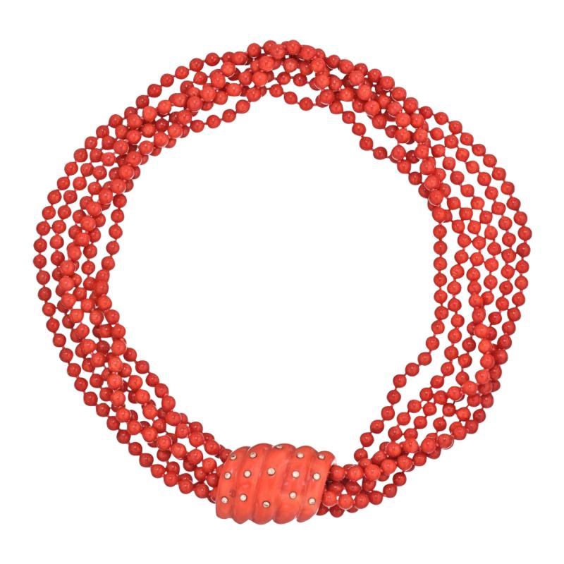  Seaman Schepps SEAMAN SCHEPPS 18K YELLOW GOLD SIX STRANG CORAL AND DIAMOND NECKLACE