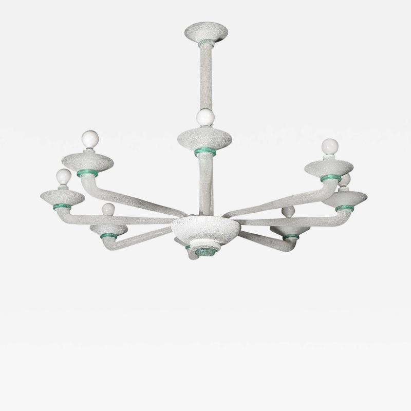  Seguso Mid Century 8 Arm Handblown White Jade Murano Scavo Glass Chandelier by Seguso