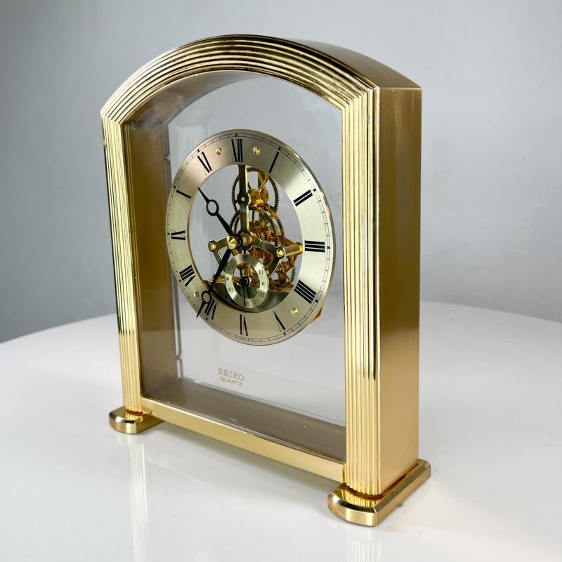 Seiko 1980s Modern Seiko Quartz Skeleton Desk Clock in Brass