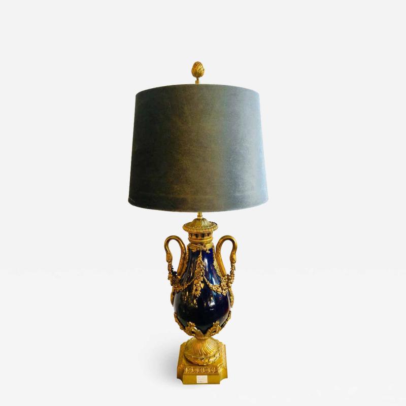  Sevres Manufacture Nationale de S vres Sevres Style Cobalt Blue Porcelain Bronze Swan Handle Urn Mounted as a Lamp