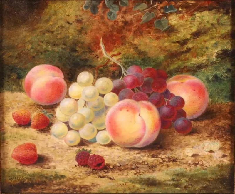  Sidney Scott Antique Still Life Oil Painting of Grapes Peaches by Sidney Scott