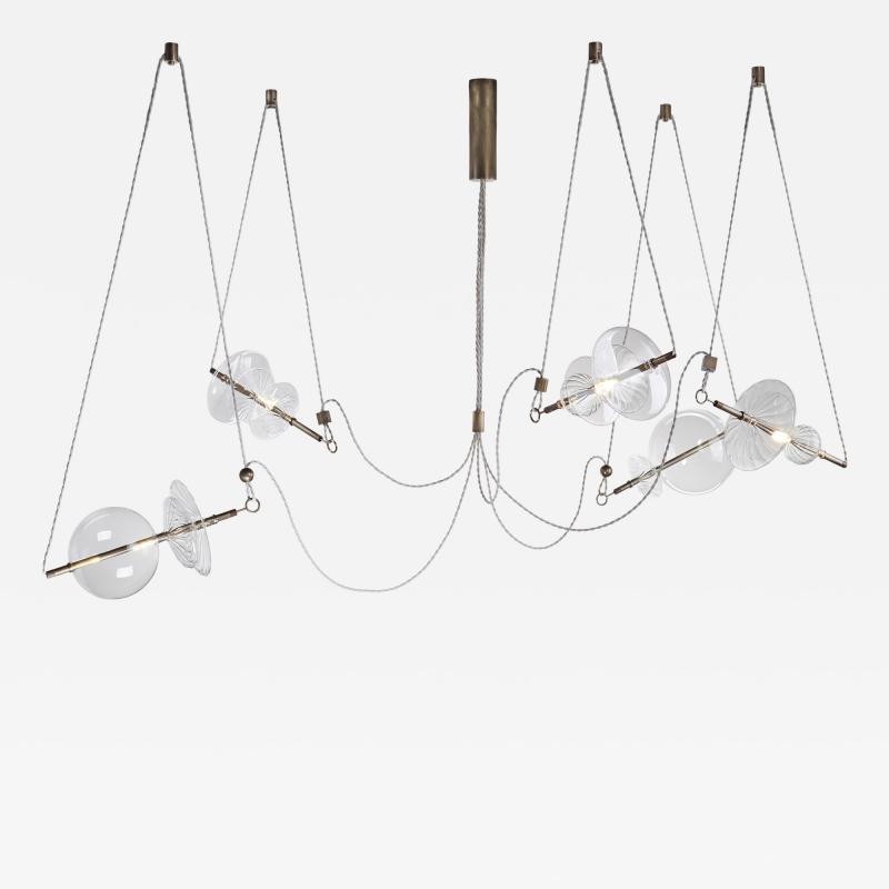  Silvio Mondino Studio Trapezi Five Lights Aged Brass Contemporary Pendant Chandelier Blown Glass