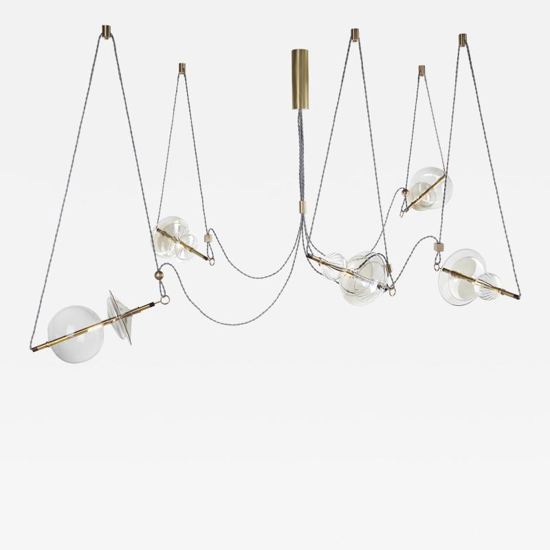  Silvio Mondino Studio Trapezi Five Lights Neutral Shades Contemporary Pendant Chandelier Brass Glass