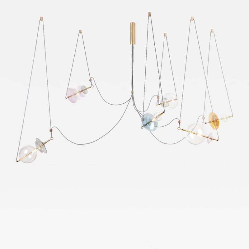  Silvio Mondino Studio Trapezi Six Lights Bright Colors Contemporary Pendant Chandelier Brass Glass