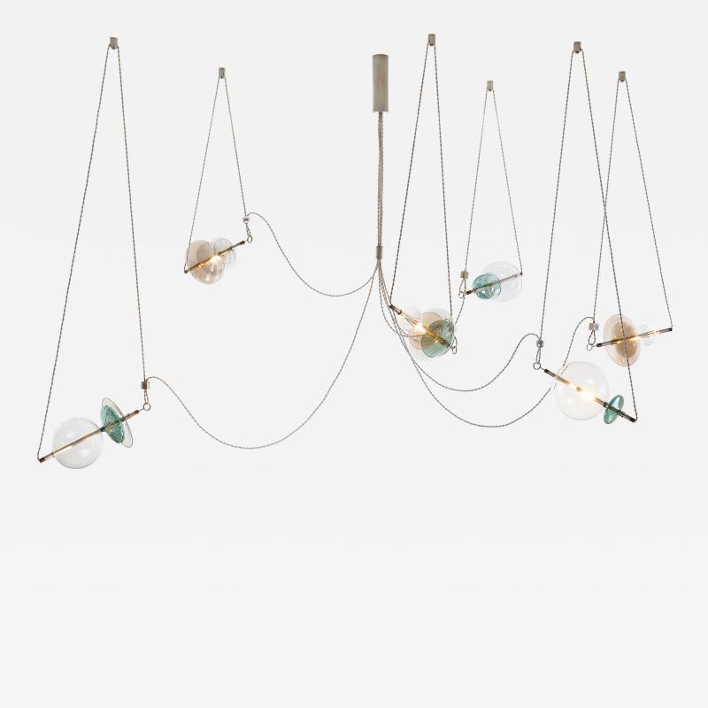  Silvio Mondino Studio Trapezi Six Lights Contemporary Chandelier Tarnished Silver finish Blown Glass