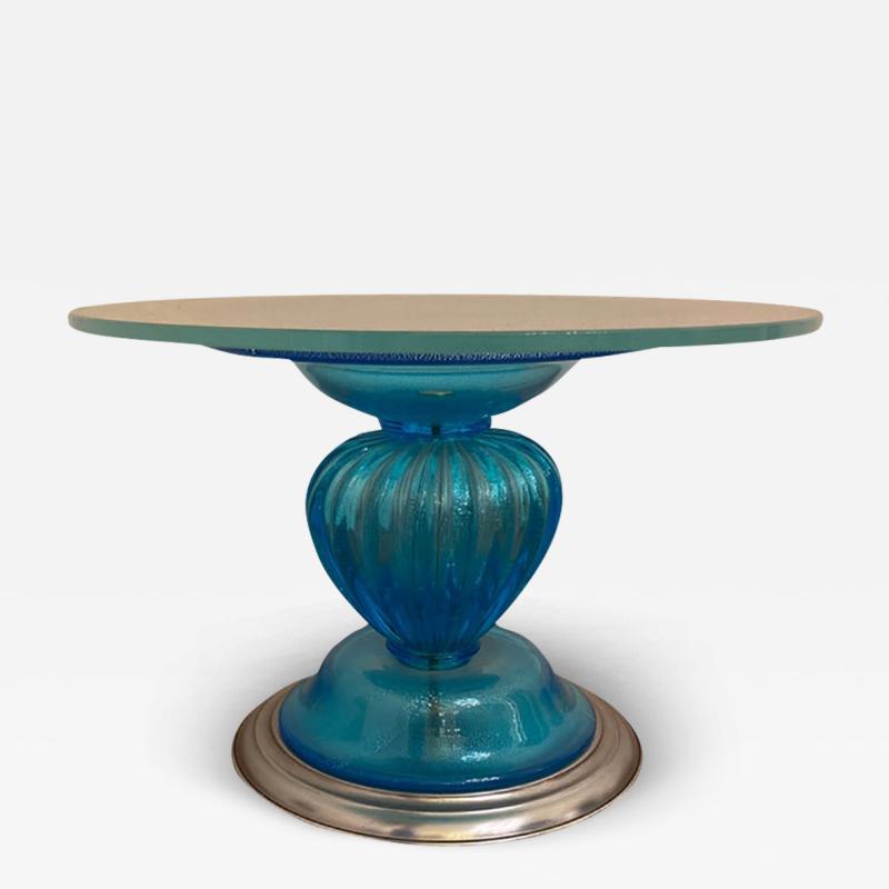  SimoEng 1980s Italian Venetian Blue and Silver Murano Glass Style Coffee Table