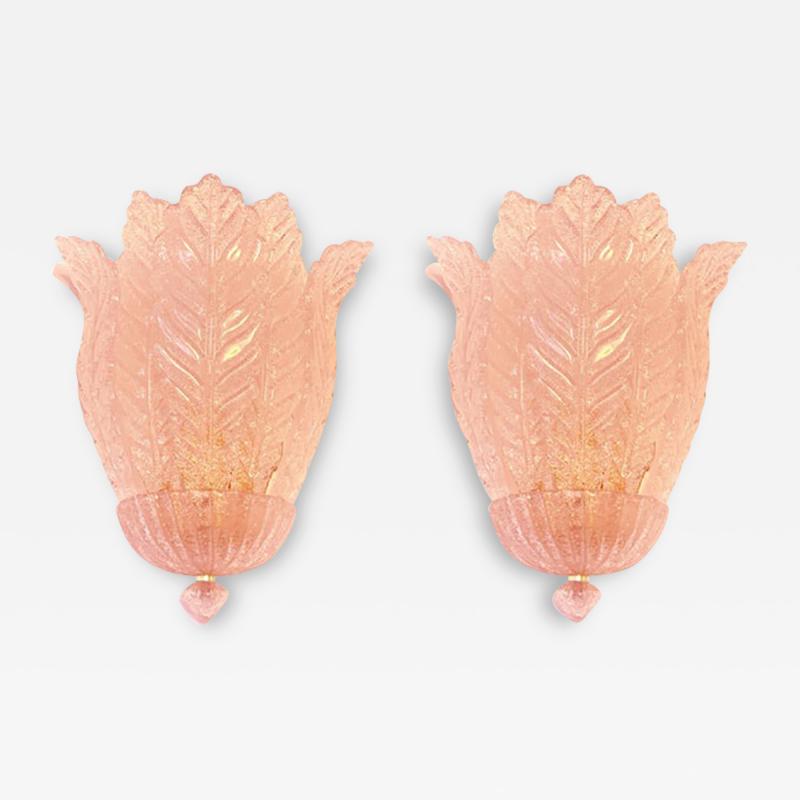  SimoEng Contemporary Pink Murano Glass Leaf Wall Sconces a Pair