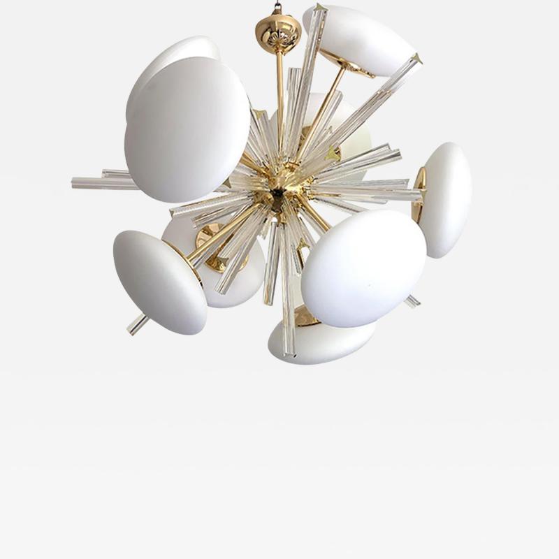  SimoEng Contemporary Triedro and White Murano Glass Sputnik Gold Chandelier