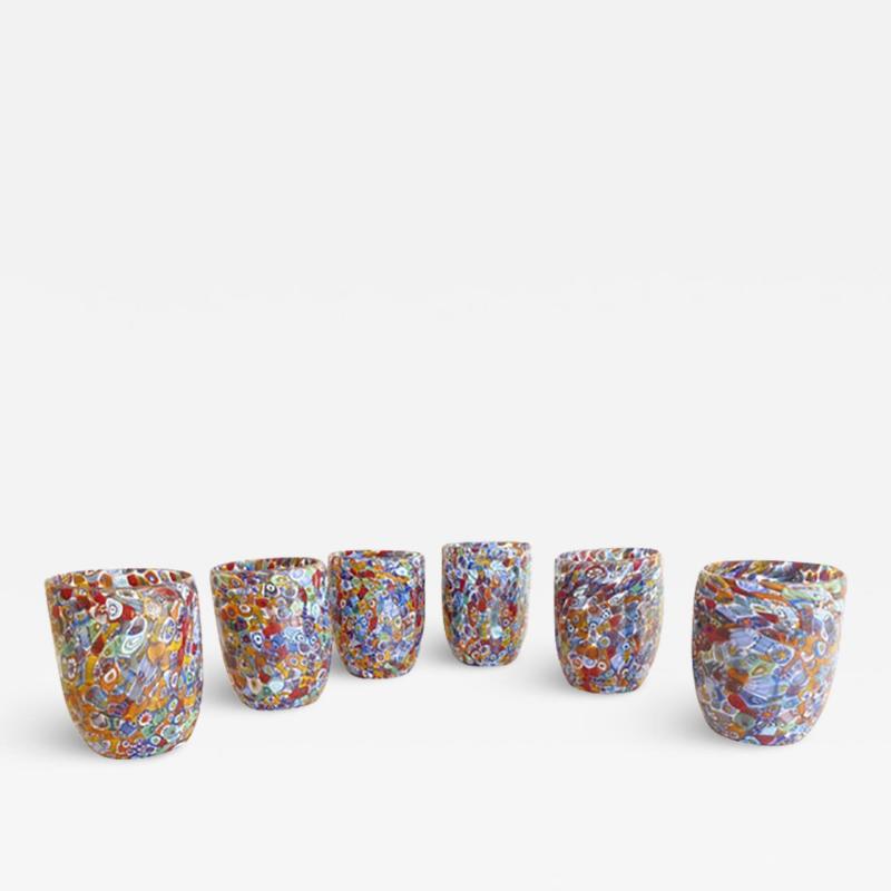  SimoEng Set of 6 Multicolor Floral Murrine Glasses in the Style of Murano Glass