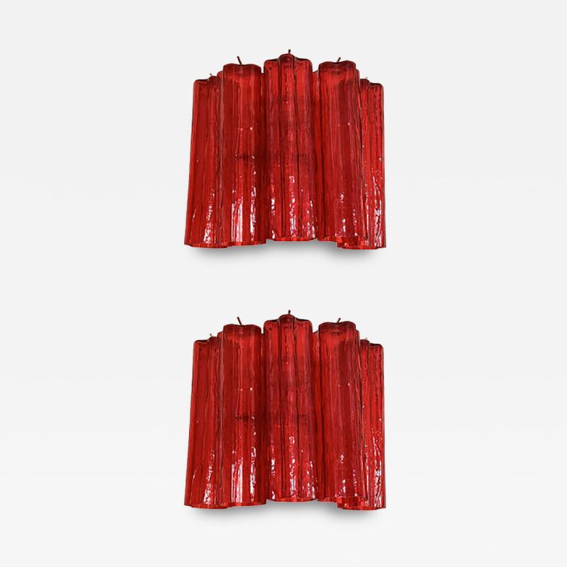  SimoEng Set of Two Contemporary Red Tronchi Murano Style Glass Wall Sconces