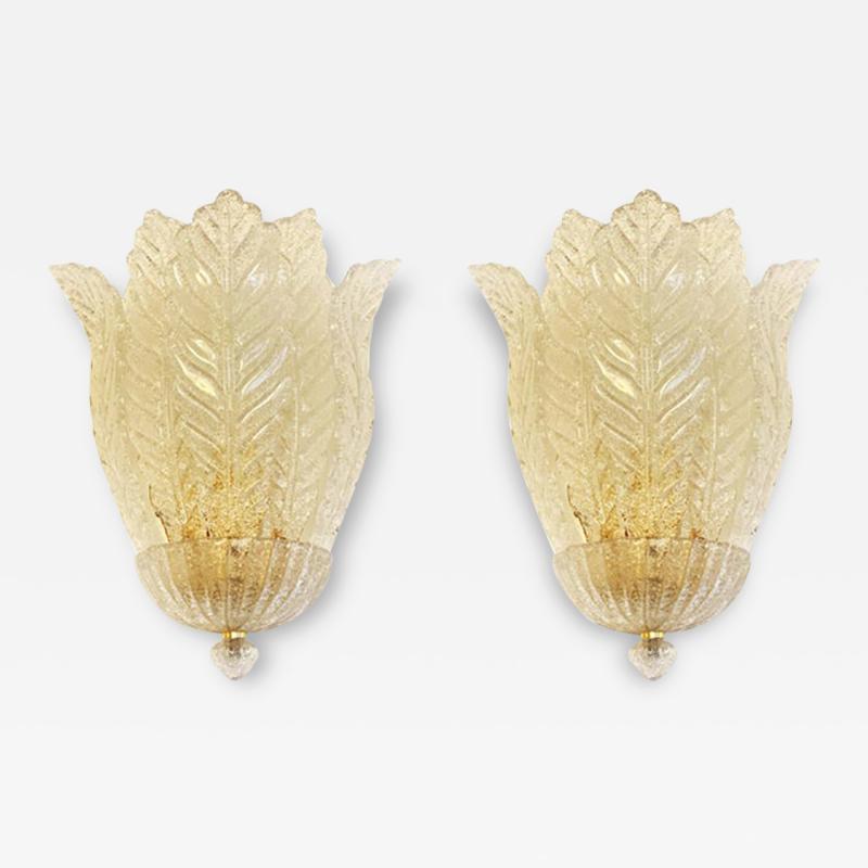 SimoEng Set of Two Transparent Graniglia Leaf Murano Glass Wall Sconces