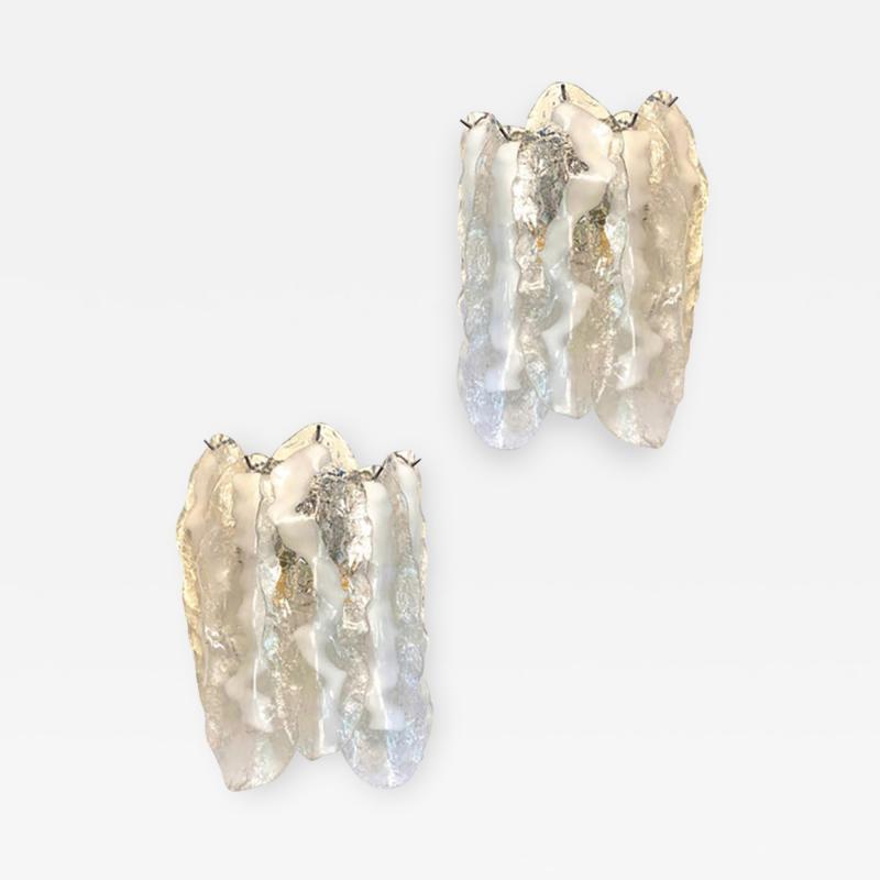  SimoEng Set of Two Transparent and White Fiamma Murano Glass Wall Sconces