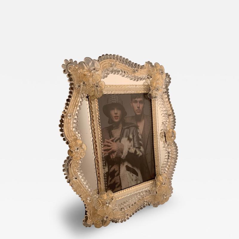  SimoEng Transparent and gold Murano glass photo frame with flowers rare artigian