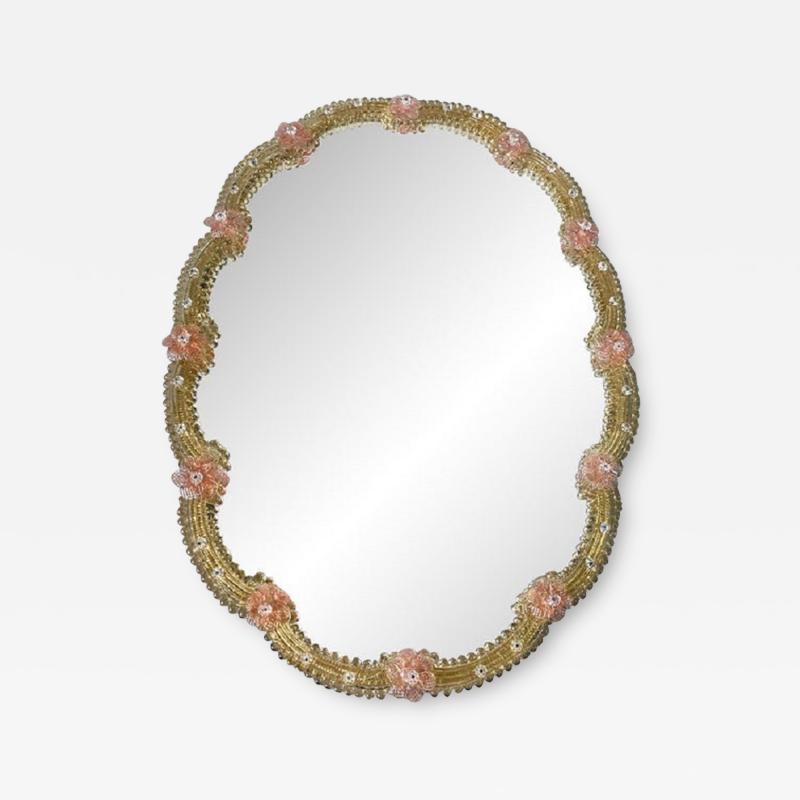  SimoEng Venetian Oval Gold and Pink Floreal Hand Carving Mirror in Murano Glass Style
