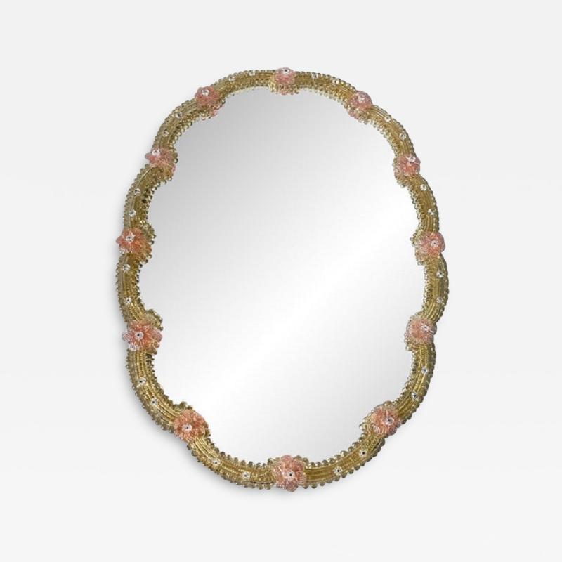  SimoEng Venetian Oval Gold and Pink Floreal Hand Carving Mirror in Murano Glass Style