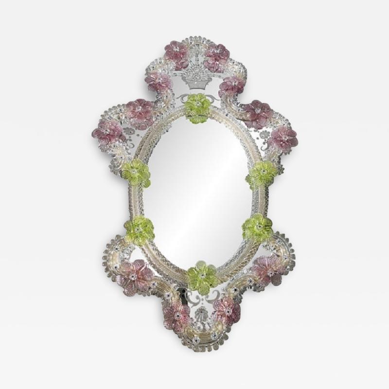  SimoEng Venetian Oval Green and Pink Floreal Hand Carving Mirror in Murano Glass Style
