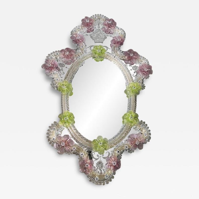  SimoEng Venetian Oval Green and Pink Floreal Hand Carving Mirror in Murano Glass Style