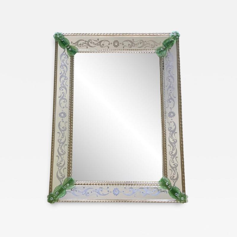  SimoEng Venetian Rectangular Green Floreal Hand Carving Mirror in Murano Glass