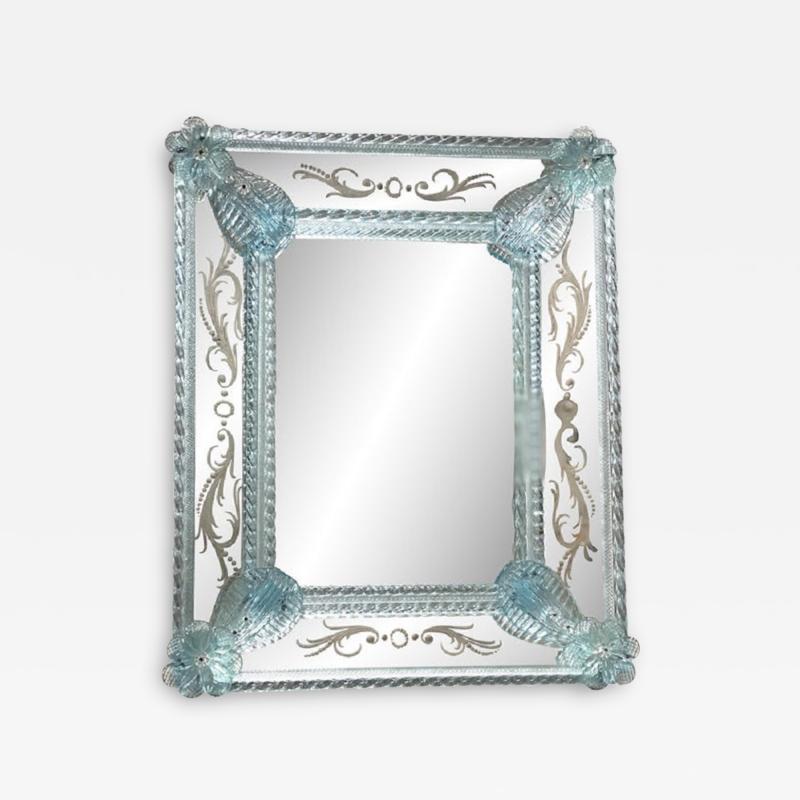  SimoEng Venetian Rectangular Light Blue Floreal Hand Carving Mirror in Murano Glass