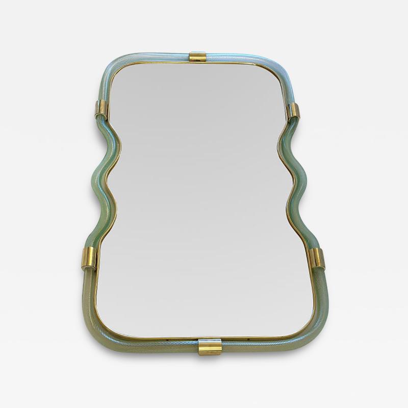  SimoEng Wave Mirror in Green and Gold Torchon Torciglione Murano Style Glass