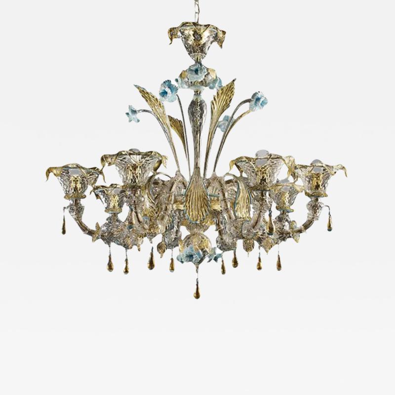  SimoEng ransparent Gold Murano Style Glass Chandelier With Leaves and Turquoise Flowers