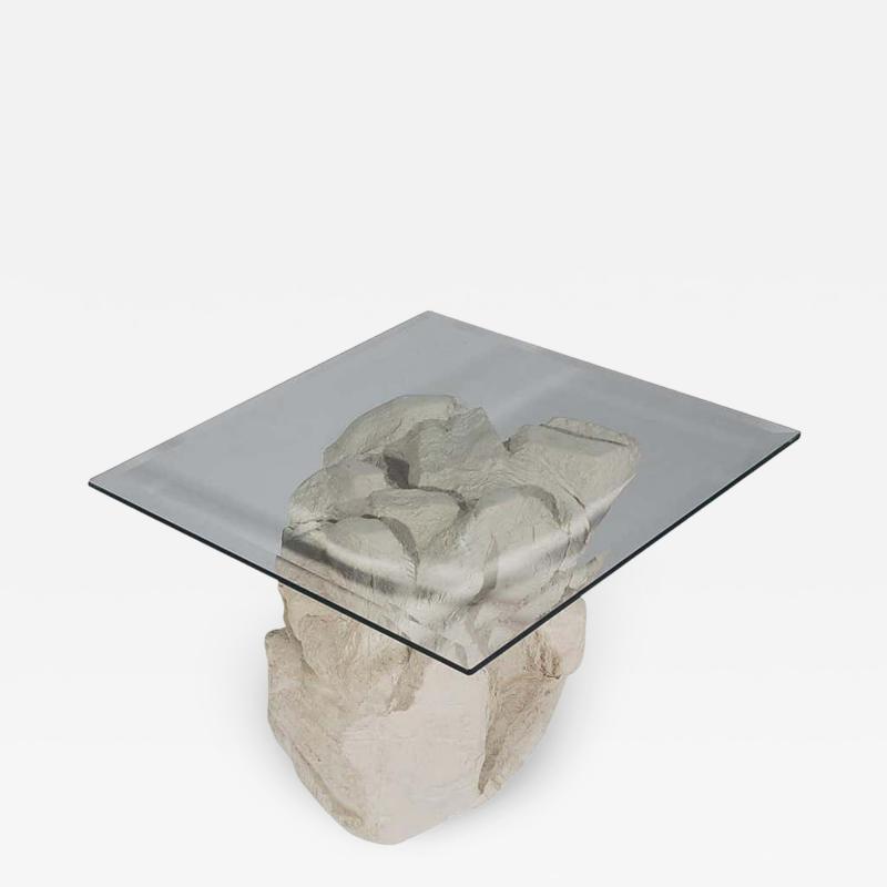  Sirmos Mid Century Modern Plaster Rock and Glass Square Side Table Table by Sirmos